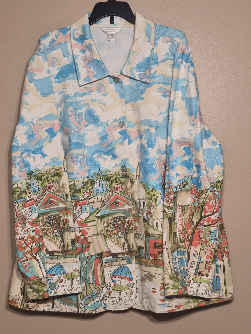 CJ Banks Women's Watercolor City Print Blazer in Blue, Cream & Pink